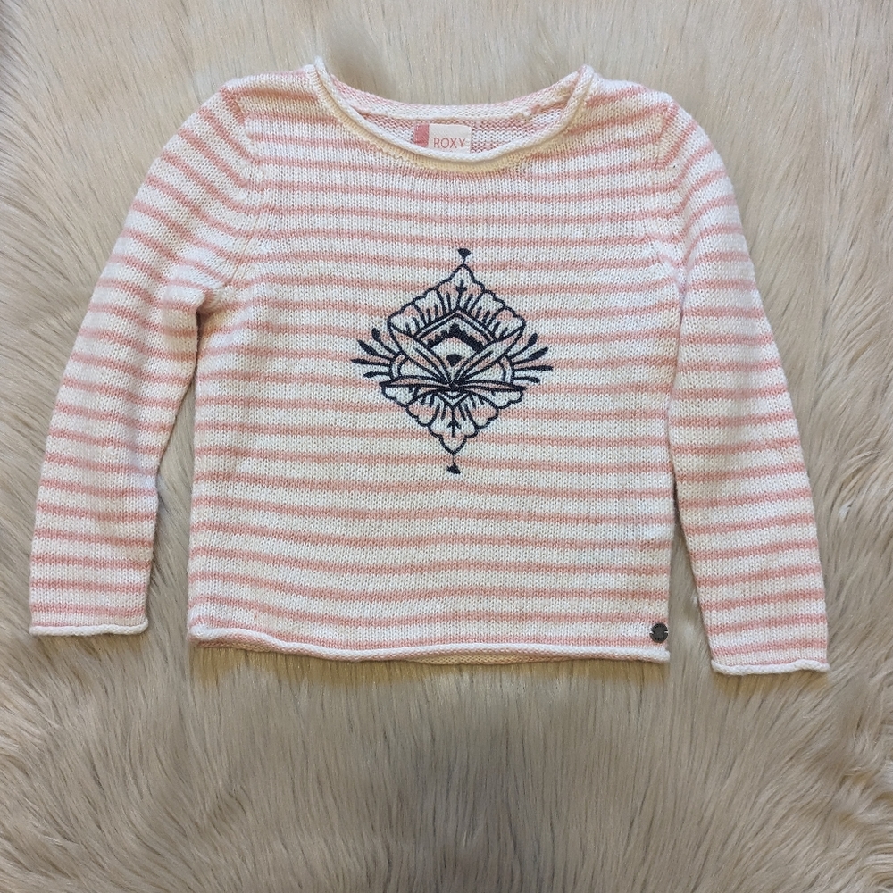Roxy Girl pink and cream striped sweater worn navy embroidery size 4